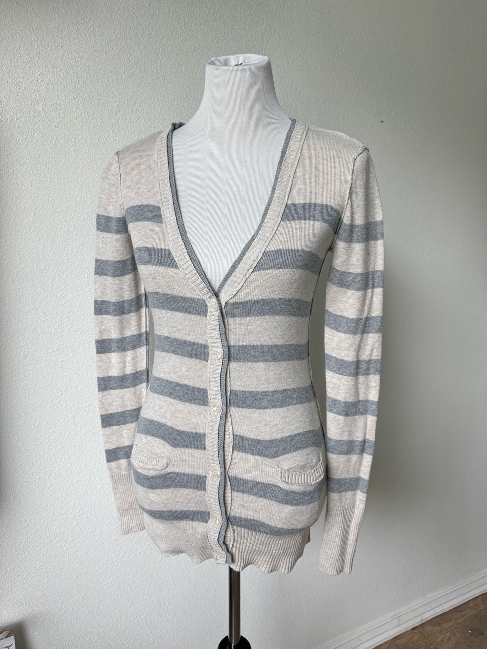 Aeropostale Gray & Cream Striped V-Neck Cardigan
